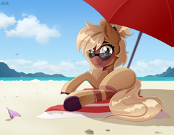 Size: 4500x3500 | Tagged: safe, artist:rainbowfire, imported from derpibooru, oc, oc only, earth pony, pony, :3, :p, beach, cloud, cute, female, glasses, heat, horizon, island, looking at you, ocean, resting, sky, smiling, solo, summer, sun, tongue out, umbrella, vacation, water