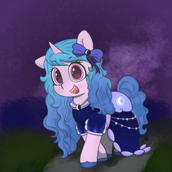 Size: 2160x2160 | Tagged: safe, artist:limitmj, imported from derpibooru, izzy moonbow, pony, unicorn, bow, clothes, cute, dress, g5, hair bow, izzybetes, open mouth, smiling, solo
