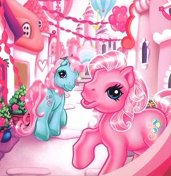 Size: 566x583 | Tagged: safe, imported from derpibooru, minty, pinkie pie (g3), earth pony, pony, a very pony place, positively pink, balloon, big lips, cropped, flower, g3, hot air balloon, official, perfectly pink, pink hair, raised hoof, rose, town, walking away