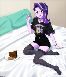 Size: 972x1125 | Tagged: safe, artist:riouku, imported from derpibooru, starlight glimmer, equestria girls, bed, bedroom, blanket, cake, chocolate, choker, clothes, commission, cookie, cute, female, fishnets, food, glimmerbetes, open mouth, pillow, plate, shirt, shorts, socks, solo, spoon, stocking feet, stockings, t-shirt, thigh highs, wristband
