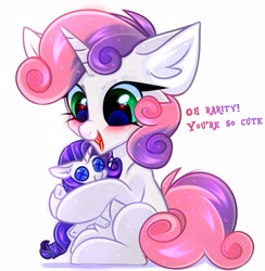 Size: 2932x3000 | Tagged: safe, artist:pesty_skillengton, imported from derpibooru, rarity, sweetie belle, pony, unicorn, blushing, chibi, cute, dialogue, diasweetes, female, filly, foal, happy, heart, heart eyes, open mouth, plushie, rarity plushie, simple background, solo, weapons-grade cute, white background, wingding eyes