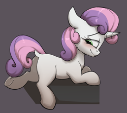 Size: 2031x1810 | Tagged: safe, artist:luxsimx, imported from derpibooru, sweetie belle, pony, unicorn, blushing, butt, commission, dock, explicit source, female, filly, foal, green eyes, looking back, plot, simple background, solo, tail