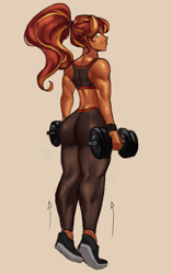 Size: 597x948 | Tagged: safe, artist:nire, imported from derpibooru, sunset shimmer, equestria girls, ass, breasts, bunset shimmer, busty sunset shimmer, butt, clothes, dumbbell (object), exercise, female, hairband, human coloration, leggings, looking at you, looking back, looking back at you, muscles, muscular female, no pupils, pants, shoes, smiling, smiling at you, sports bra, sports shoes, sunset lifter, training, weight lifting, weights, wristband, yoga pants