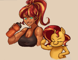 Size: 1181x906 | Tagged: safe, artist:nire, imported from derpibooru, sunset shimmer, pony, unicorn, equestria girls, alternate hairstyle, beige background, biceps, bottle, breasts, busty sunset shimmer, cleavage, clothes, dripping, eyes closed, female, flexing, funny, hairband, human coloration, lips, mare, muscles, muscular female, no pupils, ponytail, self paradox, self ponidox, simple background, smiling, smirk, sports bra, sunset lifter, sweat, water bottle