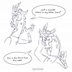 Size: 1920x1920 | Tagged: safe, artist:naquelinedelch2, idw, imported from derpibooru, part of a set, discord, draconequus, spoiler:comic, spoiler:g5comic, spoiler:g5comic02, broken horn, bruised, discord being discord, g5, horn, my little pony: a new generation, signature, solo