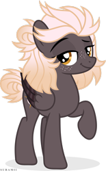 Size: 1927x3113 | Tagged: safe, artist:suramii, imported from derpibooru, oc, oc only, oc:night vision, pegasus, pony, :t, female, folded wings, freckles, full body, high res, hooves, lidded eyes, mare, pegasus oc, raised eyebrow, raised hoof, shadow, show accurate, signature, simple background, smiling, solo, standing, transparent background, wings