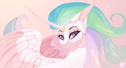 Size: 3840x2060 | Tagged: safe, artist:elektra-gertly, imported from derpibooru, princess celestia, alicorn, pony, curved horn, female, frown, gradient background, high res, horn, horn ring, mare, ring, solo, spread wings, wings