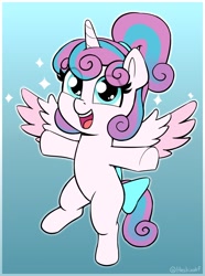 Size: 1404x1886 | Tagged: safe, artist:heretichesh, imported from derpibooru, princess flurry heart, alicorn, pony, bow, cute, eye clipping through hair, female, filly, filly flurry heart, flurrybetes, foal, gradient background, looking at you, older, older flurry heart, open mouth, open smile, outstretched arms, smiling, smiling at you, solo, sparkles, spread wings, tail, tail bow, wings