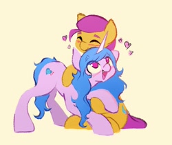 Size: 2000x1688 | Tagged: safe, artist:manicpanda, imported from derpibooru, izzy moonbow, sunny starscout, earth pony, pony, unicorn, blushing, cuddling, cute, eyes closed, female, g5, heart, hug, izzyscout, lesbian, mare, open mouth, open smile, shipping, simple background, sitting, smiling, tan background