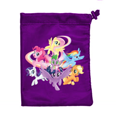 Size: 1228x1280 | Tagged: safe, imported from derpibooru, applejack, fluttershy, pinkie pie, rainbow dash, rarity, spike, twilight sparkle, alicorn, dragon, earth pony, pegasus, pony, unicorn, dice bag, dragons riding ponies, female, game, male, mane seven, mane six, mare, merchandise, movie accurate, my little pony roleplaying game, official, pen and paper rpg, renegade game studios, riding, rpg, simple background, smiling, stock vector, twilight sparkle (alicorn), white background