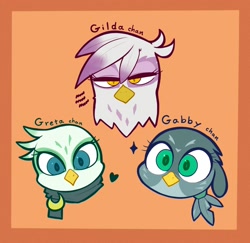 Size: 2006x1946 | Tagged: safe, artist:noupu, imported from derpibooru, gabby, gilda, greta, griffon, birb, female, gilda is not amused, heart, lidded eyes, looking at you, orange background, simple background, sparkles, trio, unamused