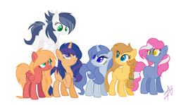 Size: 2605x1557 | Tagged: safe, artist:nightlyartemis, artist:shiibases, imported from derpibooru, oc, oc only, unnamed oc, earth pony, pegasus, pony, unicorn, base used, colored pupils, earth pony oc, female, horn, mare, next generation, offspring, parent:applejack, parent:big macintosh, parent:caramel, parent:fancypants, parent:flash sentry, parent:fluttershy, parent:pinkie pie, parent:pokey pierce, parent:rainbow dash, parent:rarity, parent:soarin', parent:twilight sparkle, parents:carajack, parents:flashlight, parents:fluttermac, parents:pokeypie, parents:raripants, parents:soarindash, pegasus oc, simple background, unicorn oc, white background