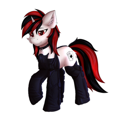 Size: 4698x4711 | Tagged: safe, alternate version, artist:flapstune, imported from derpibooru, oc, oc only, oc:blackjack, cyborg, cyborg pony, pony, unicorn, fallout equestria, fallout equestria: project horizons, amputee, augmented, chest fluff, cyber eyes, cyber legs, cybernetic legs, ear fluff, fanfic art, female, fluffy, horn, level 2 (project horizons), looking at you, mare, prosthetics, simple background, small horn, solo, transparent background