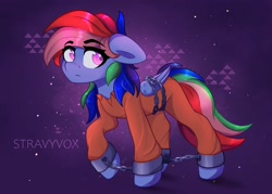 Size: 3500x2500 | Tagged: safe, artist:stravy_vox, imported from derpibooru, rainbow dash, pegasus, pony, chained, chains, clothes, female, mare, never doubt rainbowdash69's involvement, prison outfit, prisoner rd, shackles, solo, wings