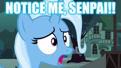 Size: 1280x720 | Tagged: safe, edit, edited screencap, imported from derpibooru, screencap, trixie, pony, unicorn, magic duel, season 3, caption, female, frown, image macro, imgflip, mare, notice me senpai, open mouth, solo, text
