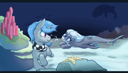 Size: 2600x1500 | Tagged: safe, artist:storyteller, imported from derpibooru, oc, oc only, oc:lacera viscera, oc:lucent, fish, original species, shark, shark pony, starfish, coral, cute, duo, ocean, smiling, underwater, water