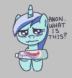 Size: 231x251 | Tagged: safe, minuette, pony, unicorn, aggie.io, female, frown, implied anon, lowres, mare, sad, simple background, toothpaste