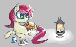 Size: 424x267 | Tagged: safe, roseluck, pony, aggie.io, blanket, cake, cup, female, food, lantern, lowres, lying down, mare, simple background, smiling, teacup