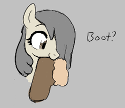 Size: 262x225 | Tagged: safe, artist:kabayo, oc, oc only, oc:current seeker, earth pony, pony, aggie.io, boot, female, lowres, mare, mouth hold, simple background, smiling, snowpony (species), yakutian horse