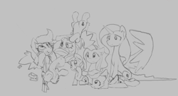 Size: 905x494 | Tagged: safe, derpy hooves, fluttershy, princess celestia, rainbow dash, scootaloo, alicorn, pegasus, pony, aggie.io, female, mare, monochrome, open mouth, simple background, sitting, smiling, spread wings, tongue out, wings