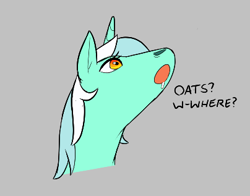 Size: 404x317 | Tagged: safe, lyra heartstrings, pony, unicorn, aggie.io, drool, female, food, looking up, lowres, mare, oats, open mouth, simple background, talking