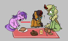 Size: 228x140 | Tagged: safe, amethyst star, sparkler, kirin, pony, aggie.io, bread, eyes closed, female, food, lowres, mare, picnic, picnic blanket, screaming, simple background, sitting