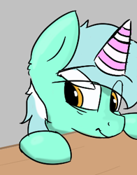 Size: 269x343 | Tagged: safe, lyra heartstrings, pony, unicorn, aggie.io, female, hat, mare, party hat, simple background, smiling, table