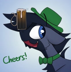 Size: 3499x3559 | Tagged: safe, artist:fenixdust, oc, oc only, oc:fenix, pony, alcohol, beer, bow, chest fluff, hat, holiday, looking back, male, mug, open mouth, saint patrick's day, simple background, smiling, stallion