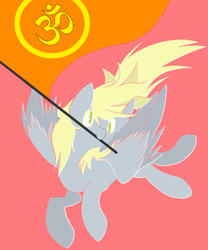 Size: 500x600 | Tagged: safe, artist:clair, edit, editor:horsesplease, imported from ponybooru, derpy hooves, pegasus, pony, blessed, female, flag, full body, happy, hindu, hinduism, innocent, lineless, logo, mare, mouth hold, om, pink background, simple background, solo, spread wings, wings