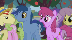 Size: 640x360 | Tagged: safe, imported from derpibooru, screencap, berry punch, berryshine, flim, minuette, earth pony, pony, unicorn, season 2, the super speedy cider squeezy 6000, animated, apple, female, food, gif, gifs.com, male, mare, open mouth, open smile, smiling, stallion, tree