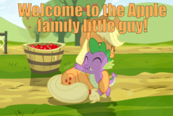 Size: 960x646 | Tagged: safe, artist:shutterflyeqd, edit, editor:undeadponysoldier, imported from ponybooru, apple bloom, applejack, big macintosh, granny smith, spike, dragon, earth pony, pony, apple, apple family, apple tree, best friends, best friends until the end of time, bucket, cute, daaaaaaaaaaaw, family, female, food, hug, mare, sitting, spikelove, sweet apple acres, text, tree, wholesome