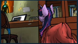 Size: 3260x1839 | Tagged: safe, artist:danton-y17, imported from derpibooru, twilight sparkle, alicorn, pony, book, bookshelf, computer, cyrillic, ear fluff, fanfic art, laptop computer, russian, solo, twilight sparkle (alicorn)