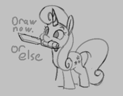 Size: 332x259 | Tagged: safe, artist:firecracker, twinkleshine, pony, unicorn, aggie.io, female, knife, lowres, mare, monochrome, mouth hold, simple background, smiling, threat