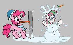 Size: 500x309 | Tagged: safe, artist:myra, blossomforth, pinkie pie, earth pony, pony, aggie.io, carrot, clothes, female, food, hat, mare, open mouth, scarf, simple background, smiling, snow, snowman, suprised look, tongue out, tongue stuck to pole