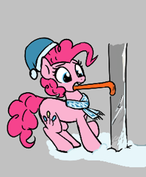 Size: 254x309 | Tagged: safe, artist:wenni, pinkie pie, earth pony, pony, aggie.io, clothes, female, hat, mare, open mouth, scarf, simple background, snow, suprised look, tongue out, tongue stuck to pole