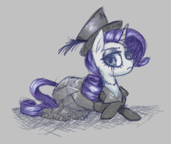 Size: 459x387 | Tagged: safe, rarity, pony, unicorn, aggie.io, clothes, female, frown, hat, lying down, makeup, mare, simple background