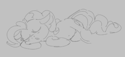 Size: 353x161 | Tagged: safe, pinkie pie, earth pony, pony, aggie.io, eyes closed, female, lowres, lying down, mare, monochrome, open mouth, simple background, sleeping