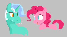 Size: 222x125 | Tagged: safe, lyra heartstrings, pinkie pie, earth pony, pony, unicorn, aggie.io, female, lowres, mare, open mouth, simple background, smiling, whiskers