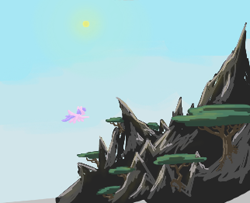 Size: 322x262 | Tagged: safe, artist:firecracker, pegasus, pony, aggie.io, flying, lowres, mountain, scenery, sky, sun