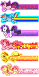 Size: 763x1500 | Tagged: safe, artist:willow-san, artist:willowsan, imported from derpibooru, applejack, fluttershy, pinkie pie, rainbow dash, rarity, twilight sparkle, earth pony, pegasus, pony, unicorn, bookmark, design, female, mane six, mare, simple background, speed trail, transparent background, unicorn twilight