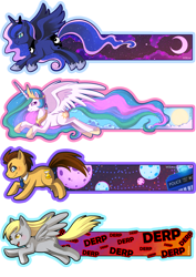 Size: 1414x2000 | Tagged: safe, artist:willow-san, artist:willowsan, imported from derpibooru, derpy hooves, doctor whooves, princess celestia, princess luna, time turner, alicorn, earth pony, pegasus, pony, bookmark, derp, doctor who, female, male, mare, simple background, speed trail, stallion, tardis, the doctor, transparent background