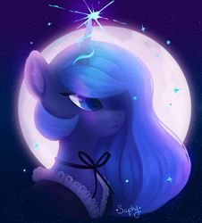 Size: 3484x3851 | Tagged: safe, artist:saphypone, imported from derpibooru, princess luna, alicorn, pony, bust, clothes, female, full moon, glowing, glowing horn, high res, horn, mare, moon, portrait, solo