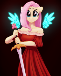 Size: 2048x2560 | Tagged: safe, artist:whitequartztheartist, imported from derpibooru, fluttershy, anthro, artificial wings, augmented, black background, clothes, dress, element of generosity, element of honesty, element of kindness, element of laughter, element of loyalty, element of magic, elements of harmony, floating wings, glowing, glowing wings, high res, magic, magic wings, red dress, simple background, solo, sword, weapon, wings