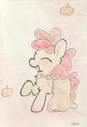 Size: 676x991 | Tagged: safe, artist:slightlyshade, imported from derpibooru, apple bloom, earth pony, pony, apple, clothes, dress, female, filly, foal, food, solo, traditional art
