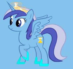 Size: 1888x1764 | Tagged: safe, imported from derpibooru, minuette, alicorn, pony, alicornified, female, hoof shoes, hourglass, jewelry, mare, minuetticorn, race swap, raised hoof, simple background, solo, spread wings, tiara, wings