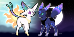 Size: 4800x2400 | Tagged: safe, artist:julunis14, imported from derpibooru, princess celestia, princess luna, espeon, umbreon, digital art, duo, duo female, female, high res, pokefied, pokémon, signature, species swap, style emulation