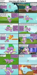 Size: 1282x2590 | Tagged: safe, edit, edited screencap, imported from derpibooru, screencap, smolder, spike, twilight sparkle, alicorn, dragon, pony, comic:celestia's servant interview, father knows beast, molt down, season 1, season 8, winter wrap up, spoiler:s08, basket, blanket, caption, comic, cs captions, cute, detailed background, dragon wings, dragoness, duo, face plant, female, flying, golden oaks library, interview, male, mare, raised hoof, screencap comic, spikabetes, text, twilight sparkle (alicorn), twilight's castle, upside down, waving, winged spike, wings