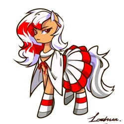 Size: 1080x1080 | Tagged: artist needed, source needed, safe, imported from derpibooru, oc, oc only, oc:los hua, earth pony, pony, cloak, clothes, dress, simple background, socks, solo, striped socks, white background