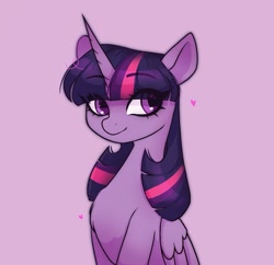 Size: 1603x1549 | Tagged: safe, artist:_alixxie_, imported from derpibooru, twilight sparkle, alicorn, pony, chest fluff, cute, female, heart, looking at each other, looking at someone, mare, purple, purple background, purple eyes, simple background, solo, strand hair, twiabetes, twilight sparkle (alicorn), wings