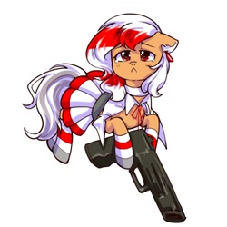 Size: 586x586 | Tagged: safe, artist:momiji90389558, imported from derpibooru, oc, oc only, oc:los hua, earth pony, pony, :<, clothes, crying, cute, dress, floppy ears, gun, looking up, ponified animal photo, sad, sadorable, simple background, socks, solo, striped socks, weapon, white background